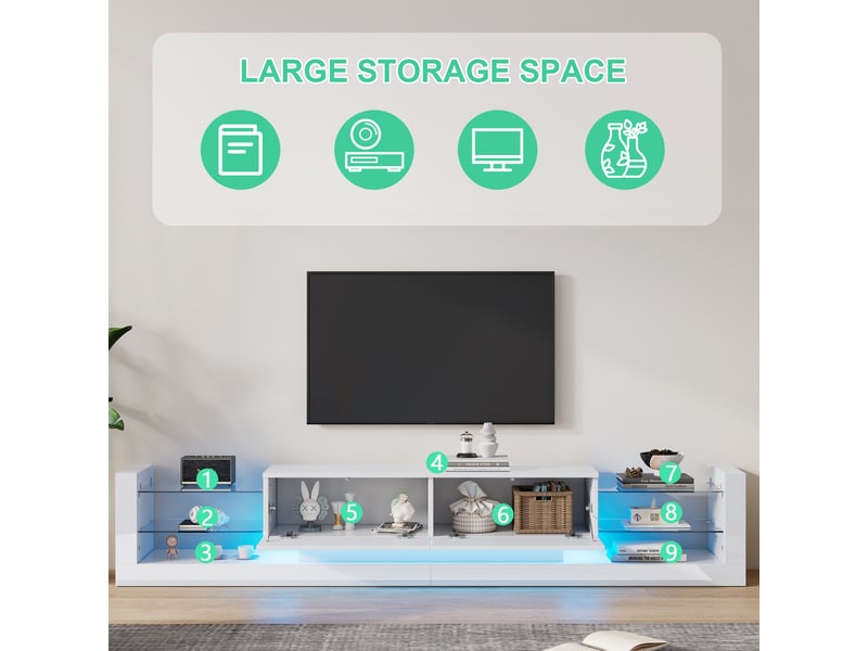  Meuble tv blanc laqué led 181 cm - pour tv jusqu'à 80 pouces - façade verre et 2 tiroirs  - Conforama E
