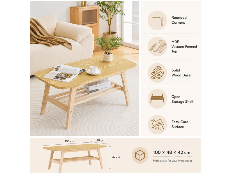  Table basse 100x48x42 cm à double niveau, grand espace de rangement, pour salon, appartement, bois, chic, couleur bois  - Conforama E