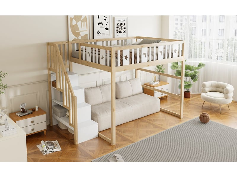  Lit mezzanine 140x200 cm bois massif pin, escalier avec étagères - lit double - décor étoiles et lune, espace libre, sécurisé, blanc  - Conforama B