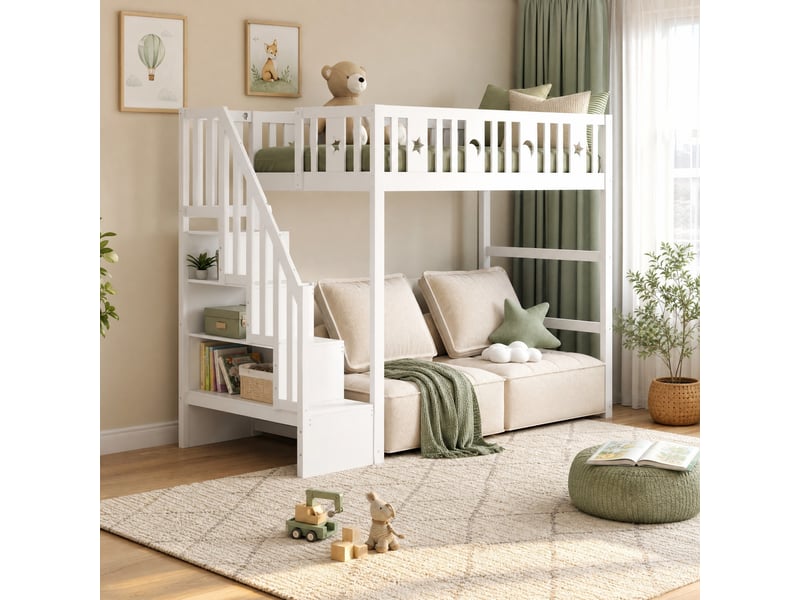  Lit mezzanine 90x200 cm avec escalier et étagères en bois blanc  - Conforama C