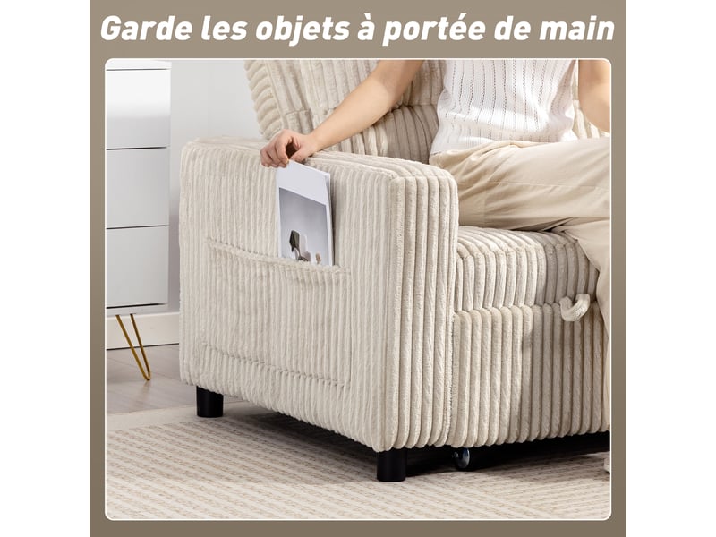  Canapé convertible 2 places canapé-lit en velours côtelé 157x190cm crème dossier réglable poches latérales et 2 coussins  - Conforama W