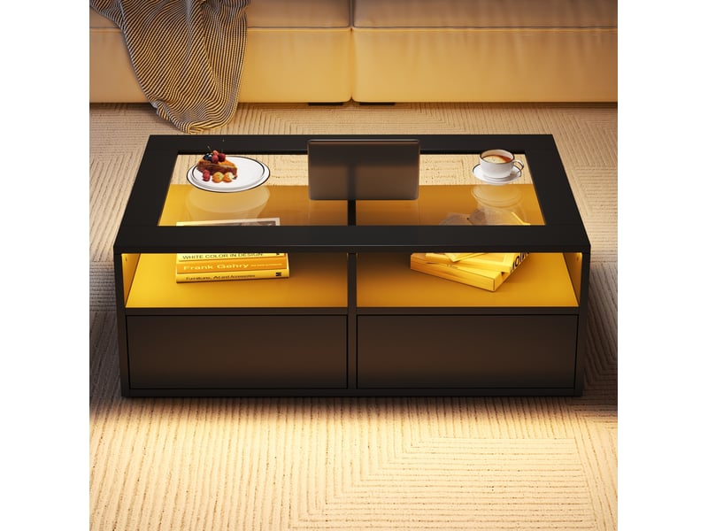  Table basse avec 2 tiroirs, 2 niches ouvertes, led et plateau en verre trempé pour salon, noir, 100 × 50 × 35 cm  - Conforama C