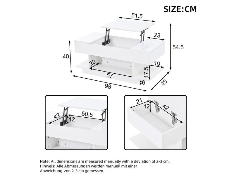  Table basse relevable 98 x 45 cm avec led, rangements et plateau blanc  - Conforama C