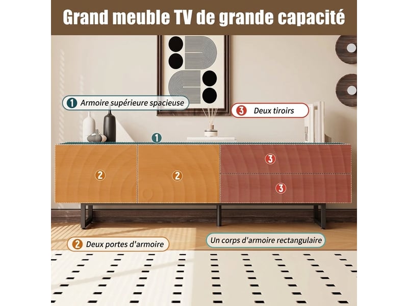  Meuble tv scandinave 180 cm effet bois naturel avec texture 3d et pieds en métal noir  - Conforama D