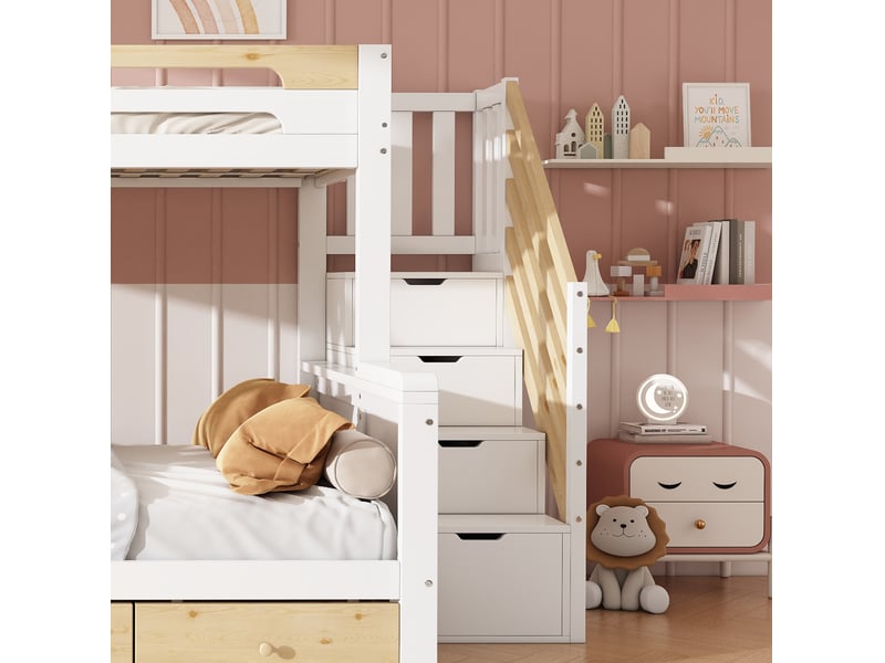  Lit superposé 90x200+140x200 cm, escalier de rangement, échelle, 3 tiroirs, bois, blanc et naturel, sans matelas  - Conforama E