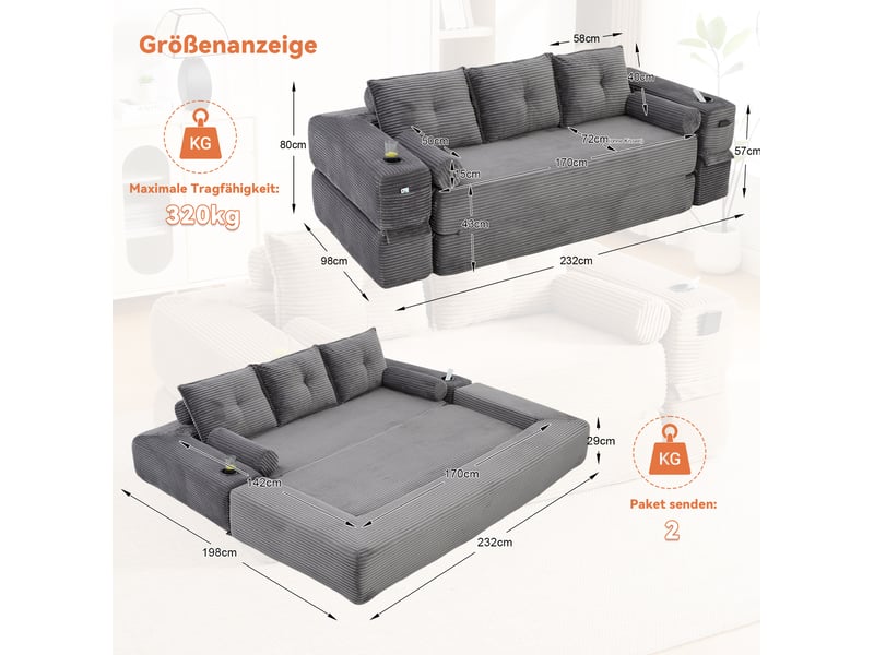 Canapé convertible 3 places modulaire avec poches latérales, porte-gobelet et coussins, en velours côtelé gris foncé - Conforama C