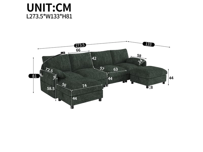  Canapé d'angle modulable 6 places, tissu chenille vert avec 2 poufs de rangement, ports usb type-c et support mobile pour grand salon  - Conforama C