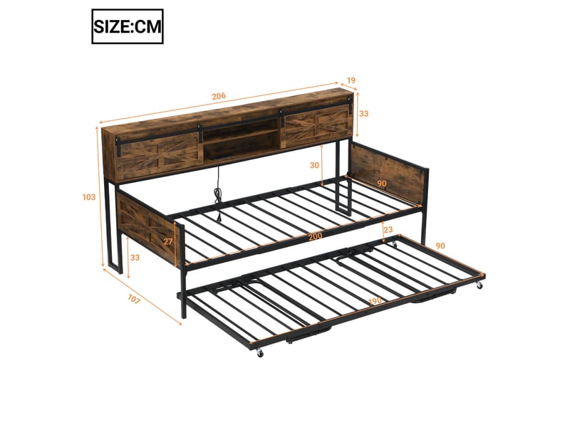 Lit gigogne 90x200 cm avec multiples compartiments de rangement - canapé-lit en fer - noir + marron - sans matelas  - Conforama C