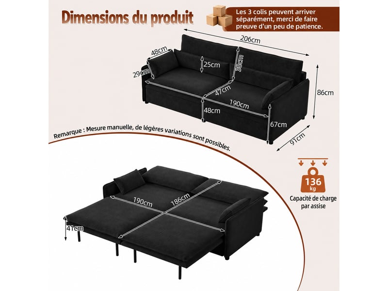  Canapé-lit 3 places convertible avec coffre de rangement, dossier réglable et coussins mobiles - noir - 206 x 91 x 86 cm  - Conforama C