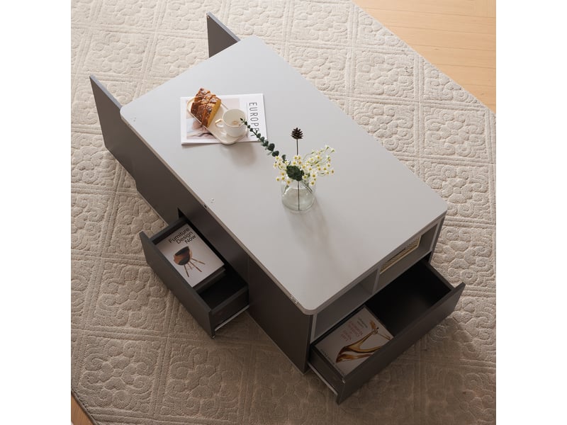  Table basse relevable avec 2 tiroirs, 1 porte et niches ouvertes et plateau modulable 2-en-1, pour salon, gris, 100×51×47 cm  - Conforama D