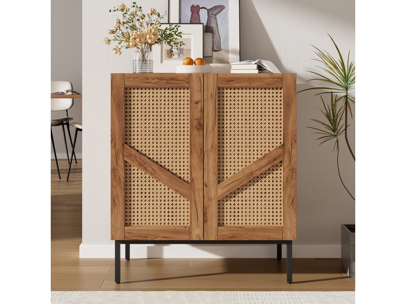 Buffet 2 portes avec pe-rotin, 2 étagères réglables, effet bois naturel, 70 x 38,5 x 80 cm - Conforama B