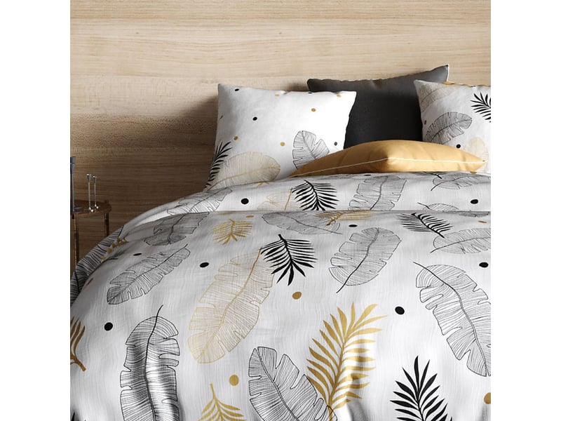  Parure housse de couette 260x240cm + 2 taies motif feuillage blanc, noir et or 100% coton - volkia VOLKIA - Conforama C
