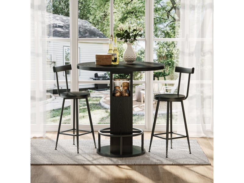  Ensemble bar 3 pièces – table ronde 80 cm + 2 tabourets boismétal noir, repose-pieds annulaire – style industriel  - Conforama D