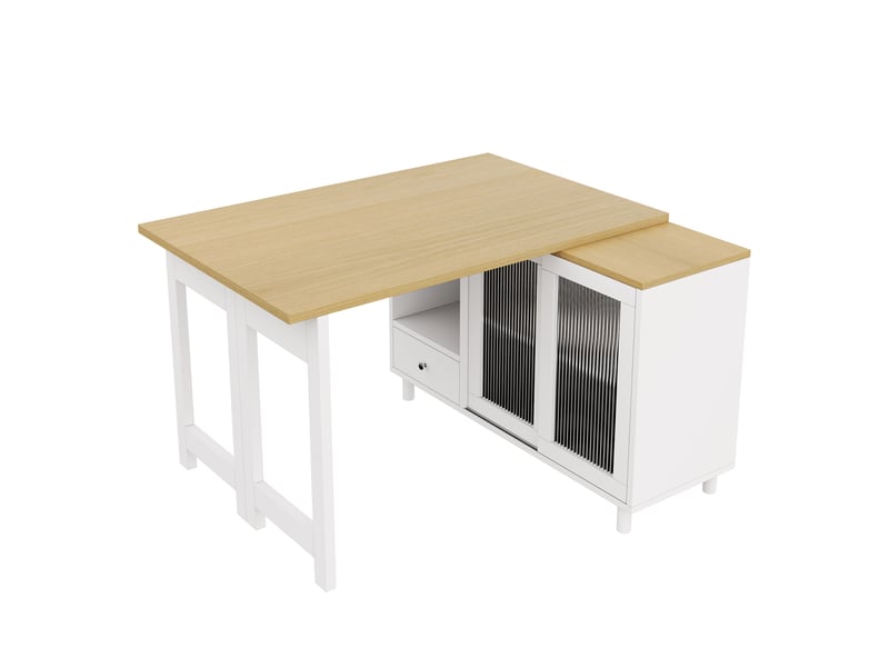  Table à manger extensible pliante nature+blanc, avec rangement, panneau vitré, pivotante à 360°  - Conforama E