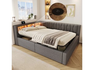 Lit banquette coffre 140x200 cm - avec de rangement hydraulique, éclairage led dimmable, tête de lit étagère et prises usb, gris
