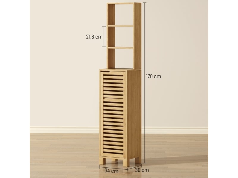  Armoire de salle de bain étroite 34x30x170 cm, porte persienne, bambou, naturel  - Conforama D