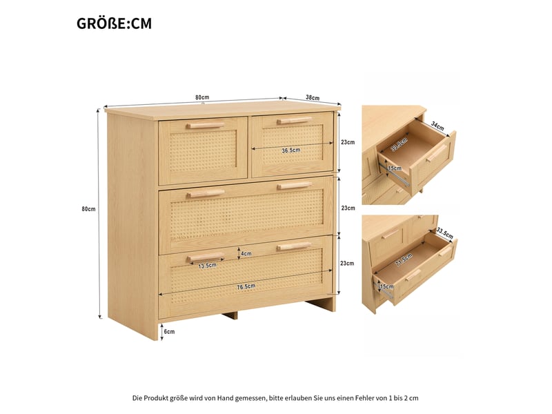  Commode vintage en rotin 80x38x80 cm avec 4 tiroirs, buffet, pour salon, couloir, mdf, poignées en bois, couleur bois  - Conforama C