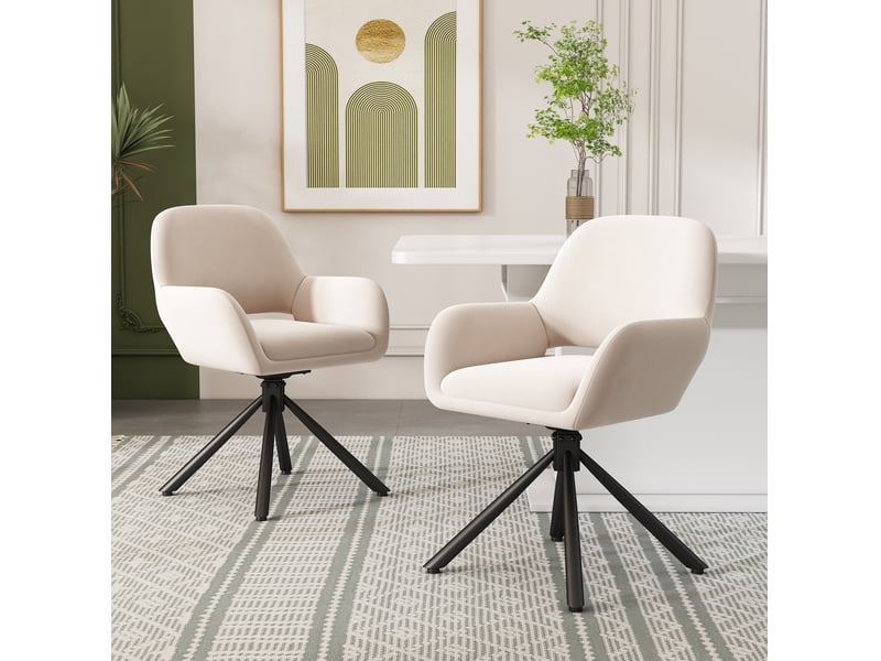  Chaise de salle à manger pivotante avec accoudoirs, lot de 6, design moderne en velours et métal beige  - Conforama D