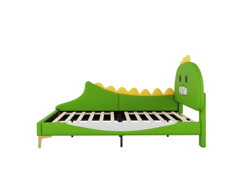  Lit enfant 200×140 cm avec tête de lit en forme de dinosaure, en pu et mdf vert  - Conforama E