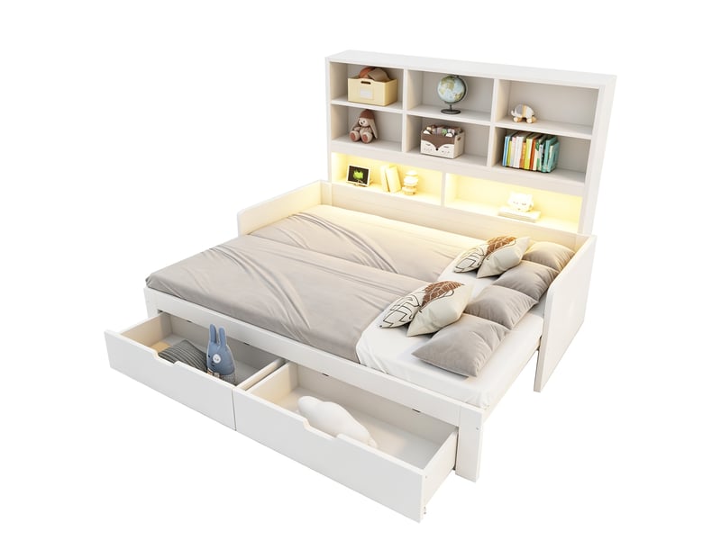  Lit gigogne extensible 90/180x200 cm, tiroirs de rangement, étagères intégrées, led et prises, blanc, sans matelas  - Conforama A