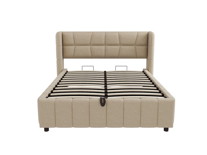  Lit coffre 140 × 200 cm en tissu effet lin beige, tête enveloppante IKSETERA TRADING LTD - Conforama W