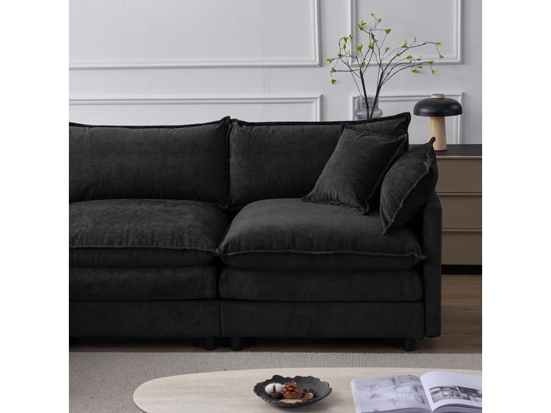  Canapé d'angle modulable 3 places avec méridienne et pouf 267 x 154 cm en chenille  - Conforama E