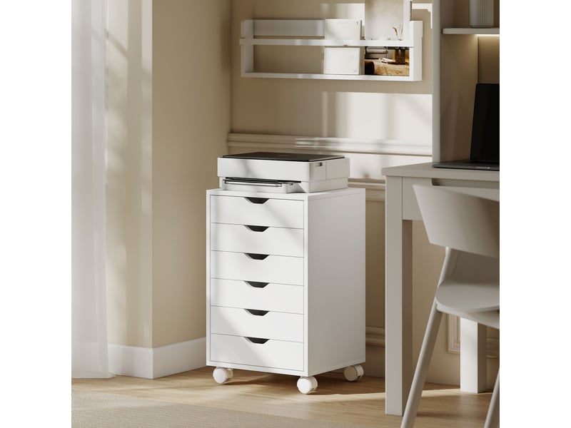  Caisson de bureau mobile avec 6 tiroirs silencieux, caisson de rangement sur roulettes, 40 x 35 x 63 cm, blanc  - Conforama D