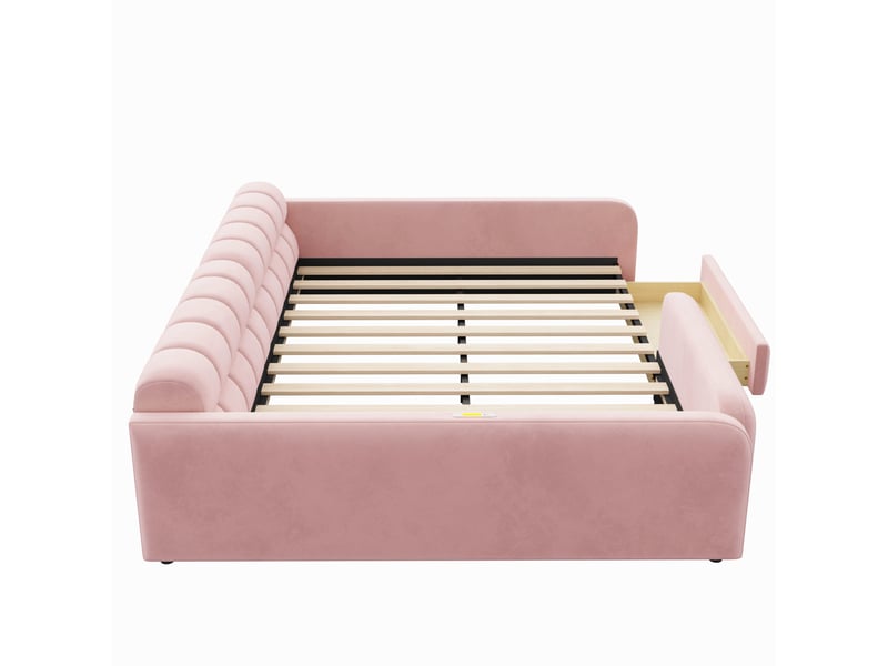  Lit enfant 140x200 cm avec tiroir, veilleuse et ports usb, en velours rose, sans matelas  - Conforama E