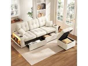 Canapé d'angle réversible convertible <strong></strong> <strong>Qualité haut de gamme</strong> 3 places Tissu beige avec coffre de rangement