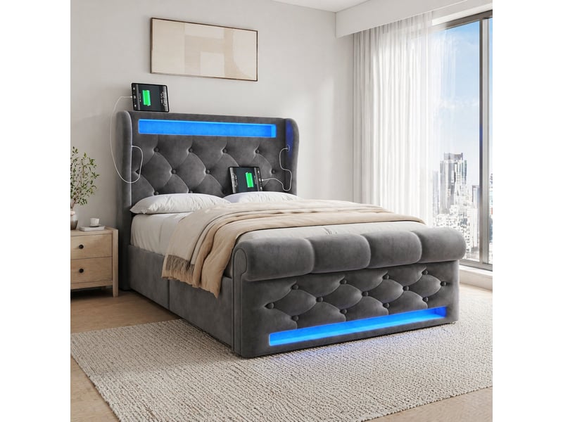  Lit coffre 1 place 90x200 cm avec led et ports usb-c, velours gris  - Conforama D