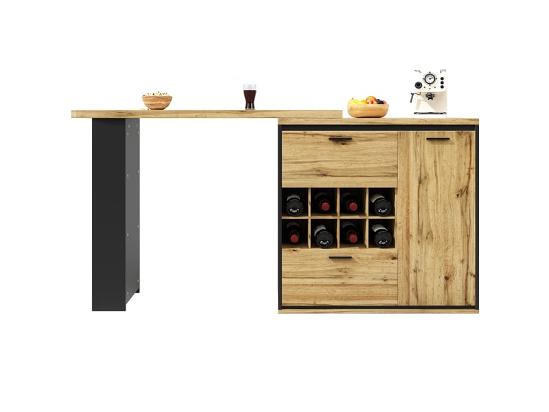  Bar extensible 138-220 x 39 x 105 cm, rangement intégré 2 tiroirs + casier vin, plateau effet bois mdf et métal, bois  - Conforama A