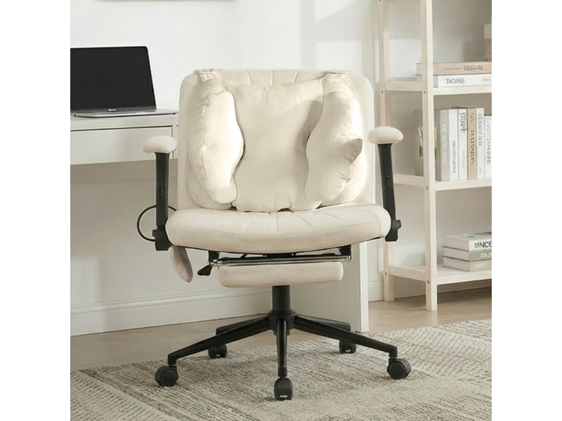  Chaise de bureau pivotante en tissu beige avec repose-pieds, hauteur réglable et soutien lombaire réglable  - Conforama E