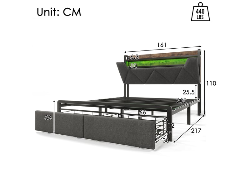  Lit coffre 160 × 200 cm 2 places avec led, usb, type-c, rangement et 2 tiroirs, sans matelas, en lin gris  - Conforama D