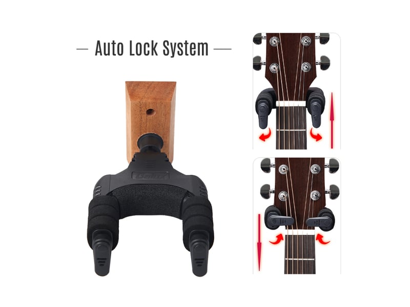  Crochets muraux support mural pour guitare à verrouillage automatique gh-110w, base en bois d'acajou pour guitare acoustique, folk, classique, électrique, basse, noir  - Conforama E