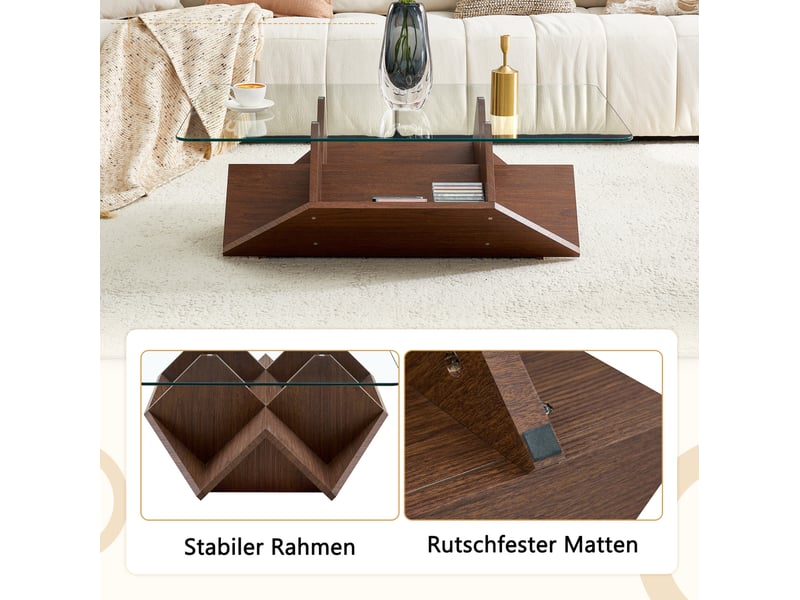 Table basse 103x63x33,5 cm en verre trempé et mdf finition noyer avec rangements - Conforama E