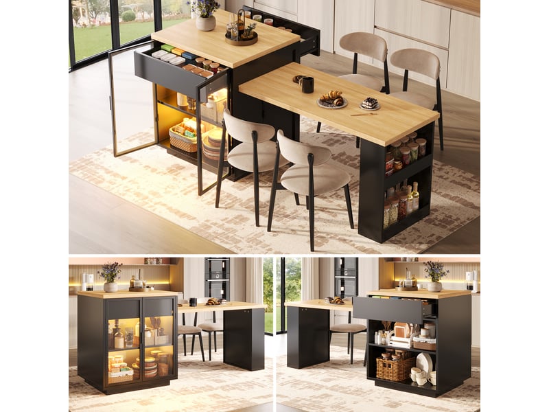  Meuble de cuisine muvano, îlot de cuisine extensible noir, de 122 à 194,5 cm avec rangement  - Conforama B