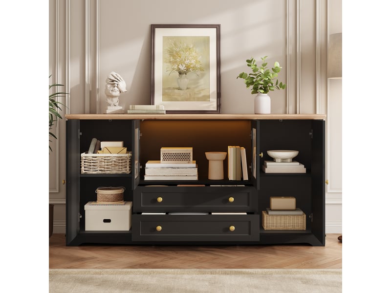  Buffet bas 160 x 40 x 80,5 cm en mdf avec led pilotable par application, 4 portes dont 2 vitrées et 2 tiroirs - noir Fay Lum - Conforama D