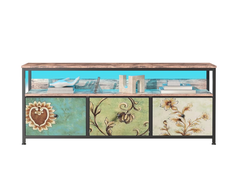  Meuble tv led 137cm meuble télé avec 3 tiroir en tissu et étagères ouvertes, cadre en acier, banc tv salon, chambre, multicolore  - Conforama A