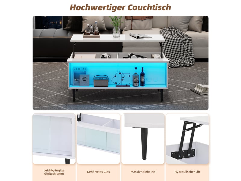  Table basse réglable en hauteur avec rangement caché et led – verre trempé 105 x 50 x 43 cm – moderne  - Conforama D