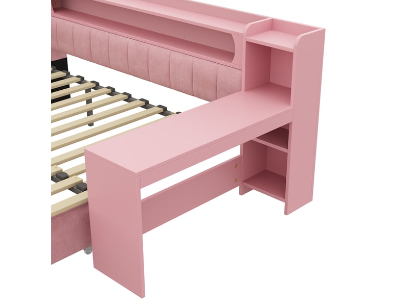  Lit banquette extensible 90 à 180 x 200 cm, lit gigogne, bureau, étagères, led, ports usb, revêtement lin, rose  - Conforama D