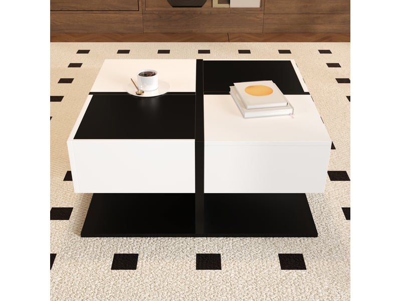  Table basse 70x70x35,5 cm avec 2 tiroirs brillante panneau de particules noir et blanc  - Conforama E