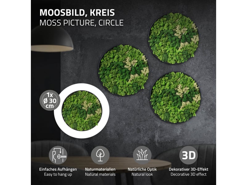 Ecd germany tableau en mousse de renne stabilisée véritable, forme ronde ø 30 cm, vert, décoration murale végétale d'intérieur, cadre en mdf, sans arrosage ni entretien, effet 3d, pièce unique ECD Germany GmbH - Conforama B