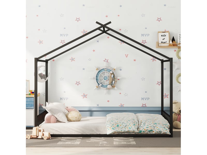  Lit enfant 140 x 200 cm en métal, forme cabane, noir avec sommier à lattes  - Conforama D