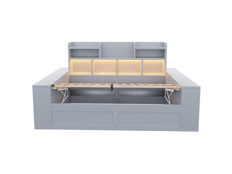 Lit banquette 90x200 cm – gris – rangement hydraulique, led, prises et compartiments – sans matelas - Conforama E