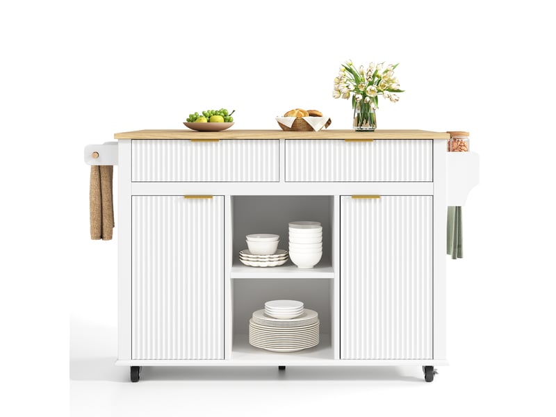 Desserte de cuisine à roulettes avec 2 tiroirs, 2 portes, plan rabattable et étagères à épices, blanc naturel - Conforama A