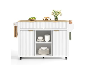 Desserte de cuisine à roulettes avec 2 tiroirs, 2 portes, plan rabattable et étagères à épices, blanc naturel