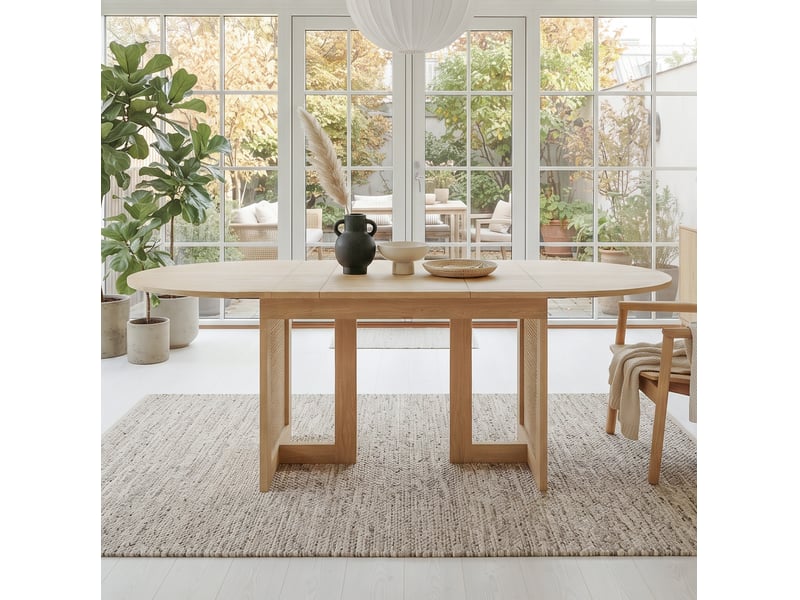  Table à manger extensible 120 à 160 x 80 cm avec pieds en rotin, coloris chêne clair  - Conforama D