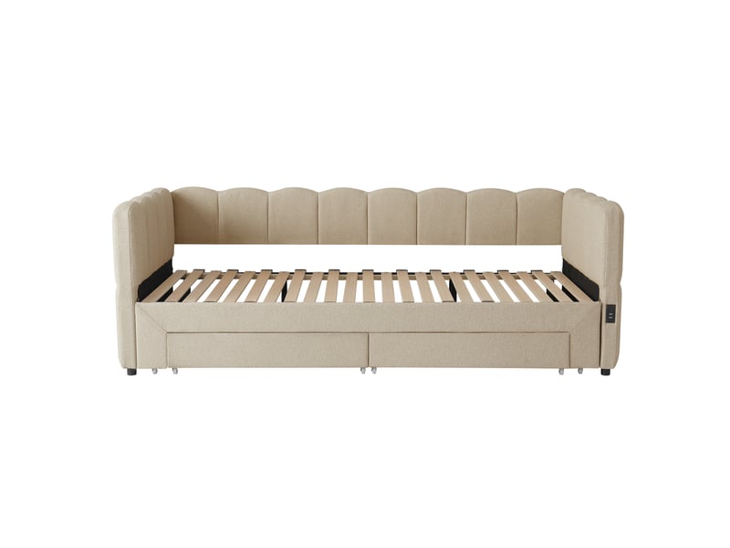  Lit capitonné, méridienne, canapé-lit, avec 2 tiroirs de rangement, 90 x 190 cm, extensible jusqu'à 180 cm, avec port usb, chenille beige  - Conforama D