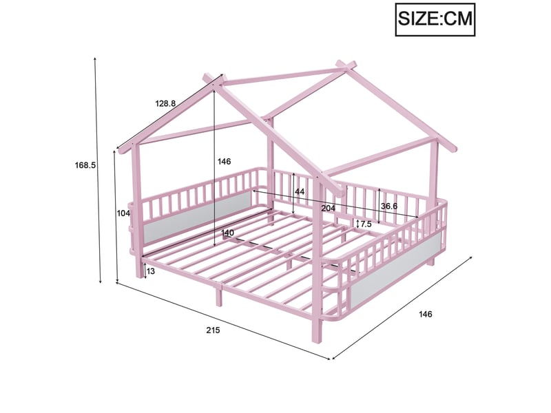  Lit enfant 140x200 cm structure maison, barrières de sécurité en métal rose  - Conforama E
