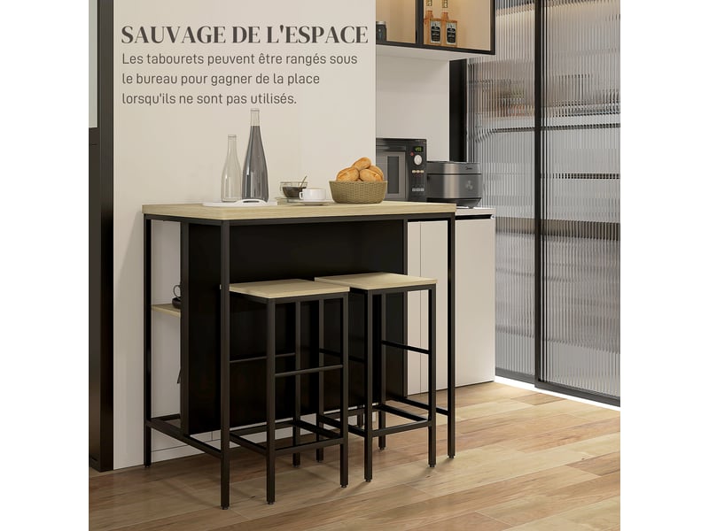 Ensemble table de bar et 2 tabourets style industriel avec étagère de rangement, métal noir et aspect bois, repose-pieds - Conforama R